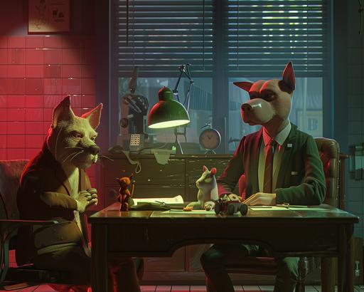 anthropomorphic dog detective and his cat coworker interrogate a suspect a piglet at office, retrofuturistic film noir movie refer to drama Lucifer, mid-century modern vibe --ar 5:4 --v 6.0