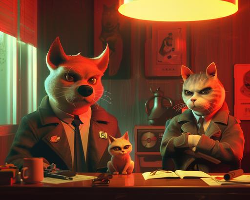 anthropomorphic dog detective and his cat coworker interrogate a suspect a piglet at office, retrofuturistic film noir movie refer to drama Lucifer, mid-century modern vibe --ar 5:4 --v 6.0