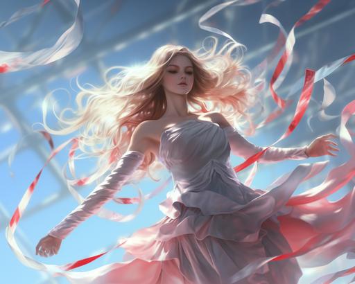 goddesses fly and dance in the air. goddesses with white shimmering skin, dance with long red ribbons flowing behind, anime, ethereal, ultra high definition, simple background --ar 5:4