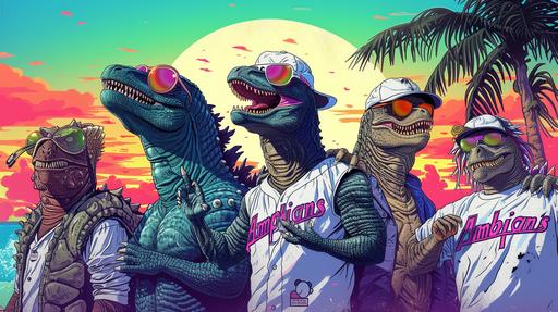 godzilla, t-rex, mosura and other monsters in sunglasses and wigs, formed a baseball team named 