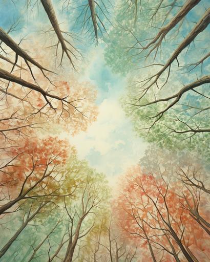 look-up view of high trees with branches and leave patterns circular surrounding in background, look-up view, panorama, pastel watercolors --ar 4:5