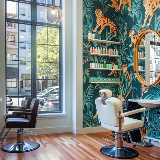 a hair salon in San Francisco on the ground floor of a busy street. The salon is an indie salon with natural (wood Floors) , high ceilings, beautiful lighting, floor to ceiling window overlooking a bustling San Francisco street. The wall on the right has a wallpaper design depicting a teal green background with oranges peach colored tigers in a cool, bohemian lush jungle scene. The back wall is white with natural wood shelving back lit to showcase all of the beautiful retail products, the salon owner offers. The left wall has the floor ceiling window And the middle of the salon has a beautiful white boule fabric, modern swivel chair and also a professional black swivel chair for hairstyling and tall mirrors. a photo realistic image — style raw