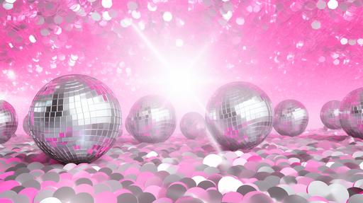 a disco barbie themed background in silver and pink, disco balls, glitter, --no dolls. --ar 16:9