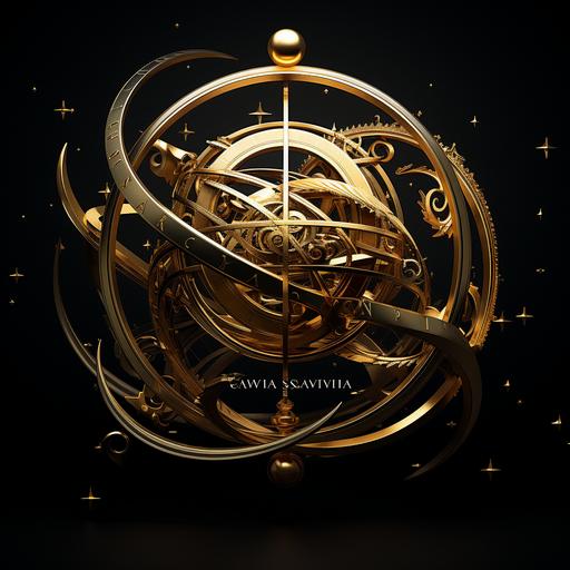 create a design language with an armillary sphere in black and gold and scared lines and gold chivas logo