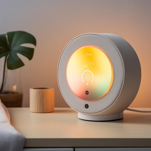 Wake-up light wrapped in light gray fabric. The front of the product is a circle. The size of the front circle is 173mmX173mm. The buttons are on the top of the circle. The time is displayed on the lower part of the circle. The colorful and warm lights are on the upper part of the circle.