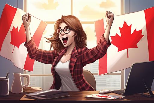 woman investor celebrating her investment gains at computer business clothing stock graph in background canada flag on desk cartoon --ar 3:2