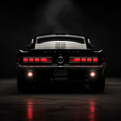 67 mustang silhouette from rear, car is black, Darkened room, only the highlights on the edges of the car's curves and gas cap logo are visible.