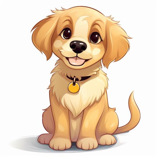 2d illustration of golden retriever in chibi anime style, mouth closed, straight on looking at camera, on white background, wearing black leather collar with silver round tag