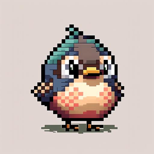 a cute bird character, in the style of Kazuko Shibuya, chibi, front view, 24-bit pixel art --v 4 --no outline