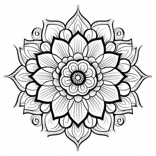 A beautiful pretty magnificent black and white cartoon style mandala coloring book page