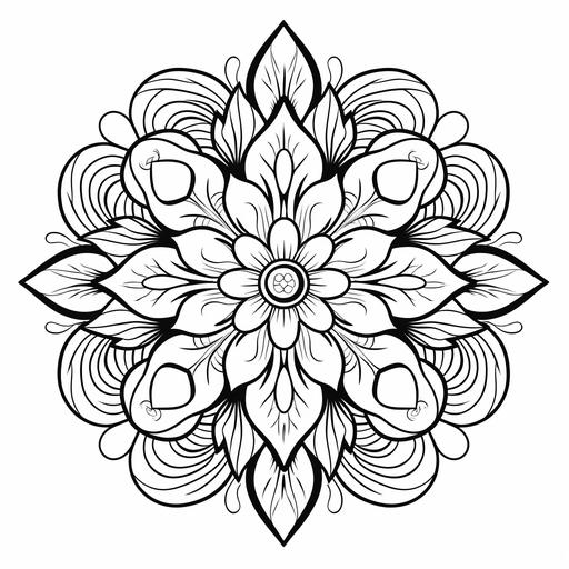 A beautiful pretty magnificent black and white cartoon style mandala coloring book page