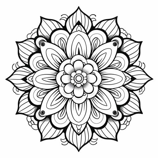 A beautiful pretty magnificent black and white cartoon style mandala coloring book page