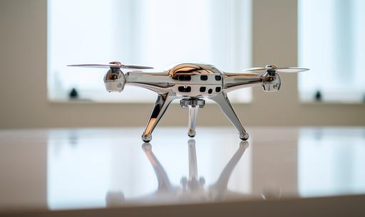 a toy metal drone sitting on top of a glossy white desk in an otherwise empty space --ar 5:3