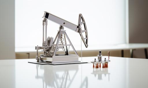 a toy metal oil pumpjack sitting on top of a glossy white desk in an otherwise empty space --ar 5:3