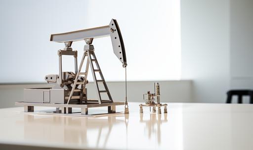a toy metal oil pumpjack sitting on top of a glossy white desk in an otherwise empty space --ar 5:3