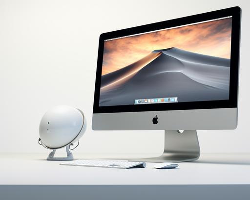 an Apple Silver iMac computer sitting on top of a glossy white desk with a blank screen, in a bright white space, there is a small plane drone in front of the monitor to the left, and a small metal toy pump jack next to it, not blocking the monitor, the monitor is a straight on view to the viewer --ar 5:4