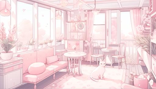 pink anime bedroom, pastel tones:: minimalist --niji 5 --style cute --aspect 7:4 --no human, character