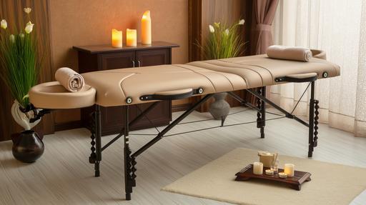 Beautiful spa accessories and fresh flawers on massage table in room, languid brown colors, burning candles, --ar 16:9 --style raw --stylize 50 --v 6.0