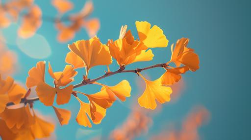 Gentle and soft style photographs taken with an old lens style. Ginkgo branch with bright autumn leaves. The background is blue. Bokeh, ghost and lens flare, soft filter --chaos 20 --ar 16:9