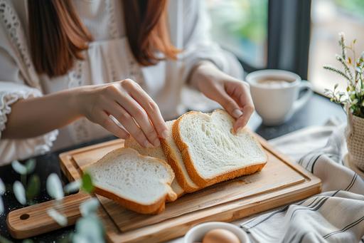 Gluten allergy, young woman hand push out, refusing to eat white bread slice on chopping board in food meal at home, girl having a stomach ache, --ar 3:2 --v 6.0 --s 50