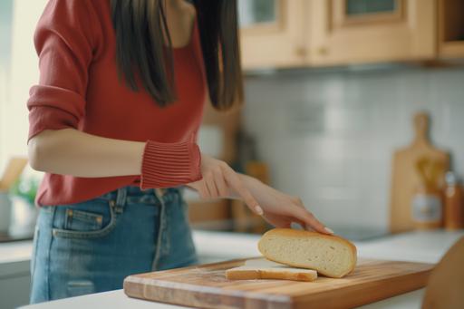 Gluten allergy, young woman hand push out, refusing to eat white bread slice on chopping board in food meal at home, girl having a stomach ache, --ar 3:2 --v 6.0 --s 50