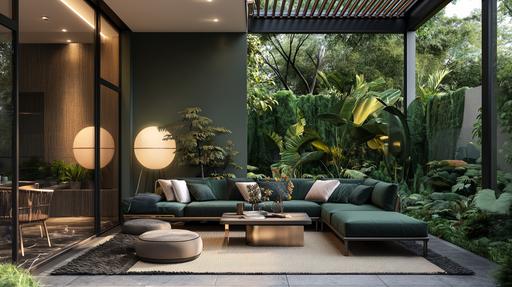 Modern contemporary small Garden, dark forest green and matte gold exterior couch. Wood sidding. Green, beige, white, gold and black palette. ceramic floors. Statement light. Reeded glass. --ar 16:9 --v 6.0