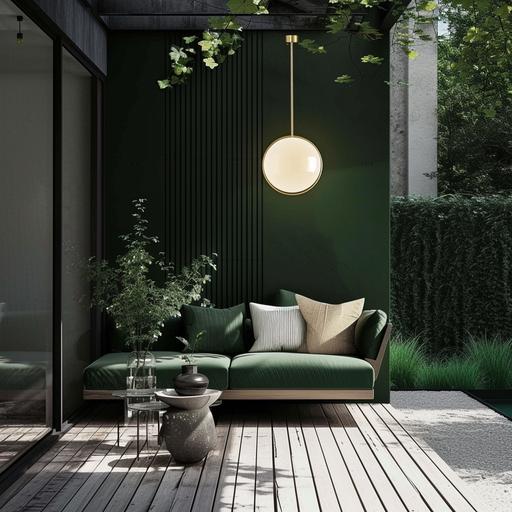 Modern contemporary small Garden, dark forest green and matte gold exterior couch. Wood sidding. Green, beige, white, gold and black palette. ceramic floors. Statement light. Reeded glass. --v 6.0