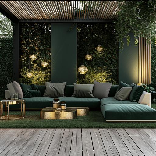Modern contemporary small Garden, dark forest green and matte gold exterior couch. Wood sidding. Green, beige, white, gold and black palette. ceramic floors. Statement light. Reeded glass. --v 6.0