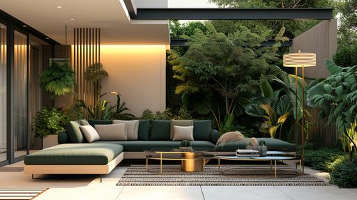 Modern contemporary small Garden, dark forest green and matte gold exterior couch. Wood sidding. Green, beige, white, gold and black palette. ceramic floors. Statement light. Reeded glass. --ar 16:9 --v 6.0