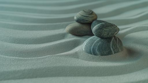 Zen Stones pyramid with lines in the sand, spa therapy, concept of harmony of purity and balance, sea background, --ar 16:9 --style raw --stylize 50 --v 6.0