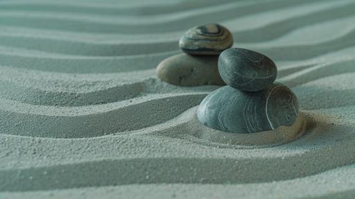 Zen Stones pyramid with lines in the sand, spa therapy, concept of harmony of purity and balance, sea background, --ar 16:9 --style raw --stylize 50 --v 6.0