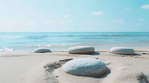 Zen Stones with lines in the sand, spa therapy, concept of harmony of purity and balance, sea background, --ar 16:9 --style raw --stylize 50 --v 6.0