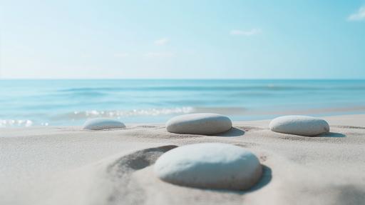 Zen Stones with lines in the sand, spa therapy, concept of harmony of purity and balance, sea background, --ar 16:9 --style raw --stylize 50 --v 6.0