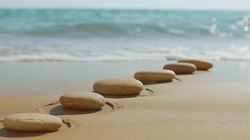 Zen Stones with lines in the sand, spa therapy, concept of harmony of purity and balance, sea background, --ar 16:9 --style raw --stylize 50 --v 6.0