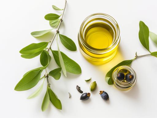 photo of glass jar with oil and Jojoba plant on a white background, green fresh leaves and fruits, a source for nutrients for making cosmetics for facial skin care, --ar 4:3 --stylize 50 --v 6.0