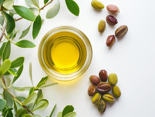 photo of glass jar with oil and Jojoba plant on a white background, green fresh leaves and fruits, a source for nutrients for making cosmetics for facial skin care, --ar 4:3 --stylize 50 --v 6.0