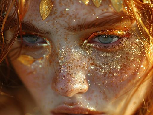 portrait of an Incredible sad beauty crying golden tears, golden face, tears made of gold, fine and delicate headband made of fine golden leaves on her head, golden glittering makeup , professional photography, --ar 4:3 --stylize 750 --v 6.0