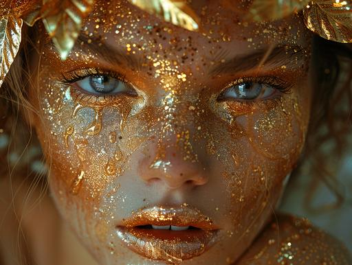 portrait of an Incredible sad beauty crying golden tears, golden face, tears made of gold, fine and delicate headband made of fine golden leaves on her head, golden glittering makeup , professional photography, --ar 4:3 --stylize 750 --v 6.0