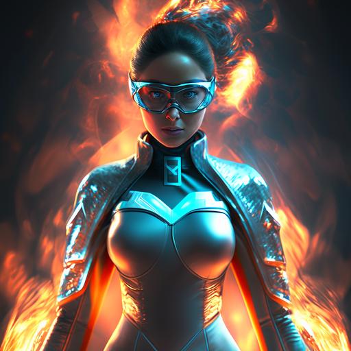 hispanic female superhero stands tall, wearing a dentist futuristic costume being surronded by some mix of fire anf frost , looking with a confident and strong face, 3D, HDR, stylize 1000--ar 2:3 --v 4