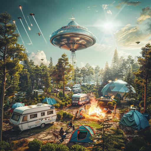 a campground whith caravans and camping tentes, trees and a little lake in the land, a pylone with 8 parables of differents size on it, an ufo is planted on the floor, a big geodesic ball in aluminium in the middle of the camp, an ufo flyng in the sky , there is a fire camp whith 6 persons around, light of the and of the day, beautiful sunshine, atmospheric, strange, large angle and ultra realistic view