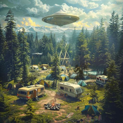 a campground whith caravans and camping tentes, trees and a little lake in the land, a pylone with 8 parables of differents size on it, an ufo is planted on the floor, a big geodesic ball in aluminium in the middle of the camp, an ufo flyng in the sky , there is a fire camp whith 6 persons around, light of the and of the day, beautiful sunshine, atmospheric, strange, large angle and ultra realistic view --v 6.0