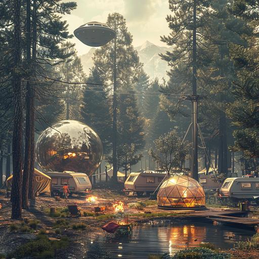a campground whith caravans and camping tentes, trees and a little lake in the land, a pylone with 8 parables of differents size on it, an ufo is planted on the floor, a big geodesic ball in aluminium in the middle of the camp, an ufo flyng in the sky , there is a fire camp whith 6 persons around, light of the and of the day, beautiful sunshine, atmospheric, strange, large angle and ultra realistic view
