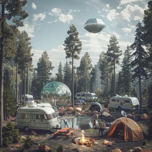a campground whith caravans and camping tentes, trees and a little lake in the land, a pylone with 8 parables of differents size on it, an ufo is planted on the floor, a big geodesic ball in aluminium in the middle of the camp, an ufo flyng in the sky , there is a fire camp whith 6 persons around, light of the and of the day, beautiful sunshine, atmospheric, strange, large angle and ultra realistic view --v 6.0
