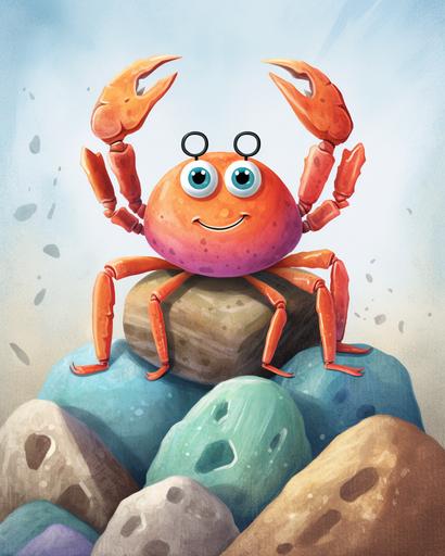 an illustration for a children's book aged 4 to 6 of a crab standing on a flat rock. holding two colorful sea sponges in its claws and the third sponge is hiding under the rock. Funny and cute. --ar 4:5