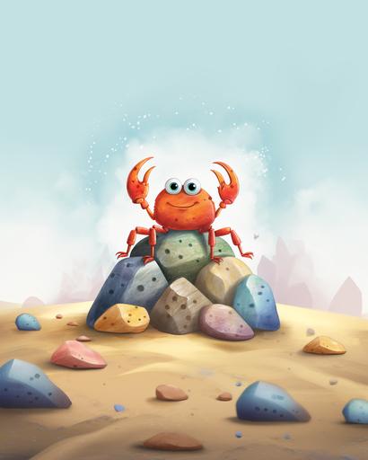 an illustration for a children's book aged 4 to 6 of a crab standing on a flat rock. holding two colorful sea sponges in its claws and the third sponge is hiding under the rock. Funny and cute. --ar 4:5
