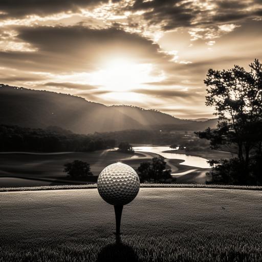 black and white image of golf ball on a tee, with a colorful sunset overlooking a lush green fairway with rolling hills in the background