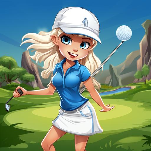 cartoon female golfer with blue eyes, blonde hair, white skirt, blue collar shirt and blue baseball cap hitting a golf ball on a golf green