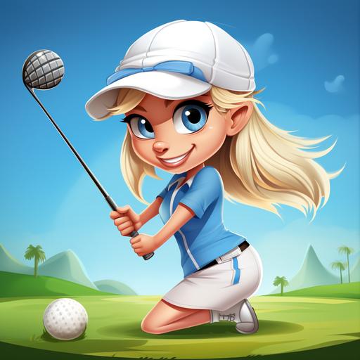 cartoon female golfer with blue eyes, blonde hair, white skirt, blue collar shirt and blue baseball cap hitting a golf ball on a golf green