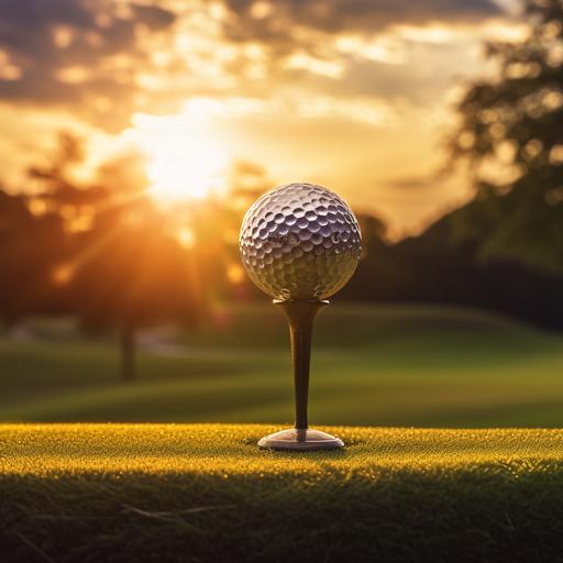 golf ball on a tee, on the green, with the sunset in the background