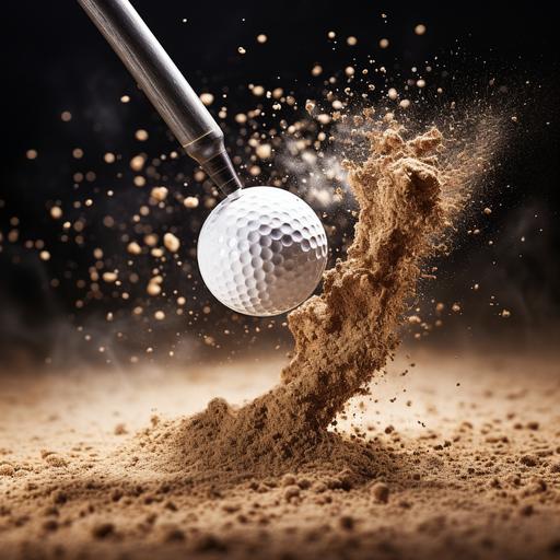golf ball on tee being struck by club with sand splattering around the ball